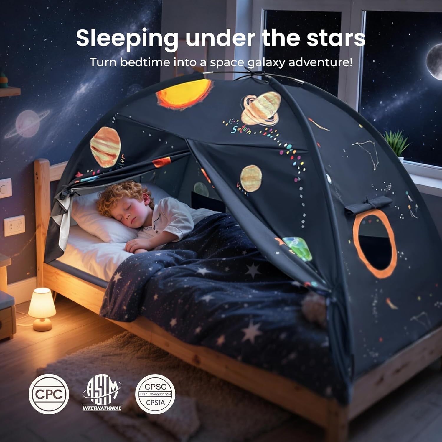 Space Galaxy Bed Tent for Kids – Sleep Bed Canopy with 9 Planets Design, Easy-To-Install Indoor Kids Play Tent, Imaginative Playhouse, Ideal Gift for Boys & Girls – 77" X 40" X 46"