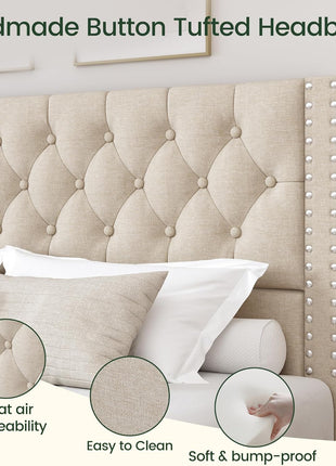 King Size Upholstered Platform Bed Frame with Tufted Headboard and 4 Storage Drawers, Heavy Duty Wood Slats, No Box Spring Required, Easy Assembly, Beige