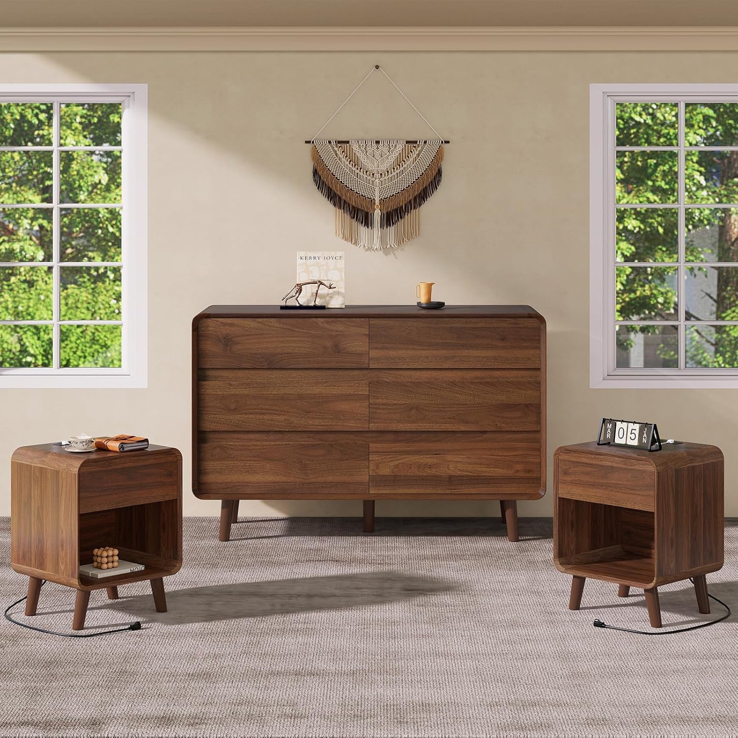 6 Drawer Dresser and Nightstand Sets with Charging Station, Wood Mid-Century Modern Dresser and Nightstand 3 Pieces for Bedroom, Living Room, Walnut
