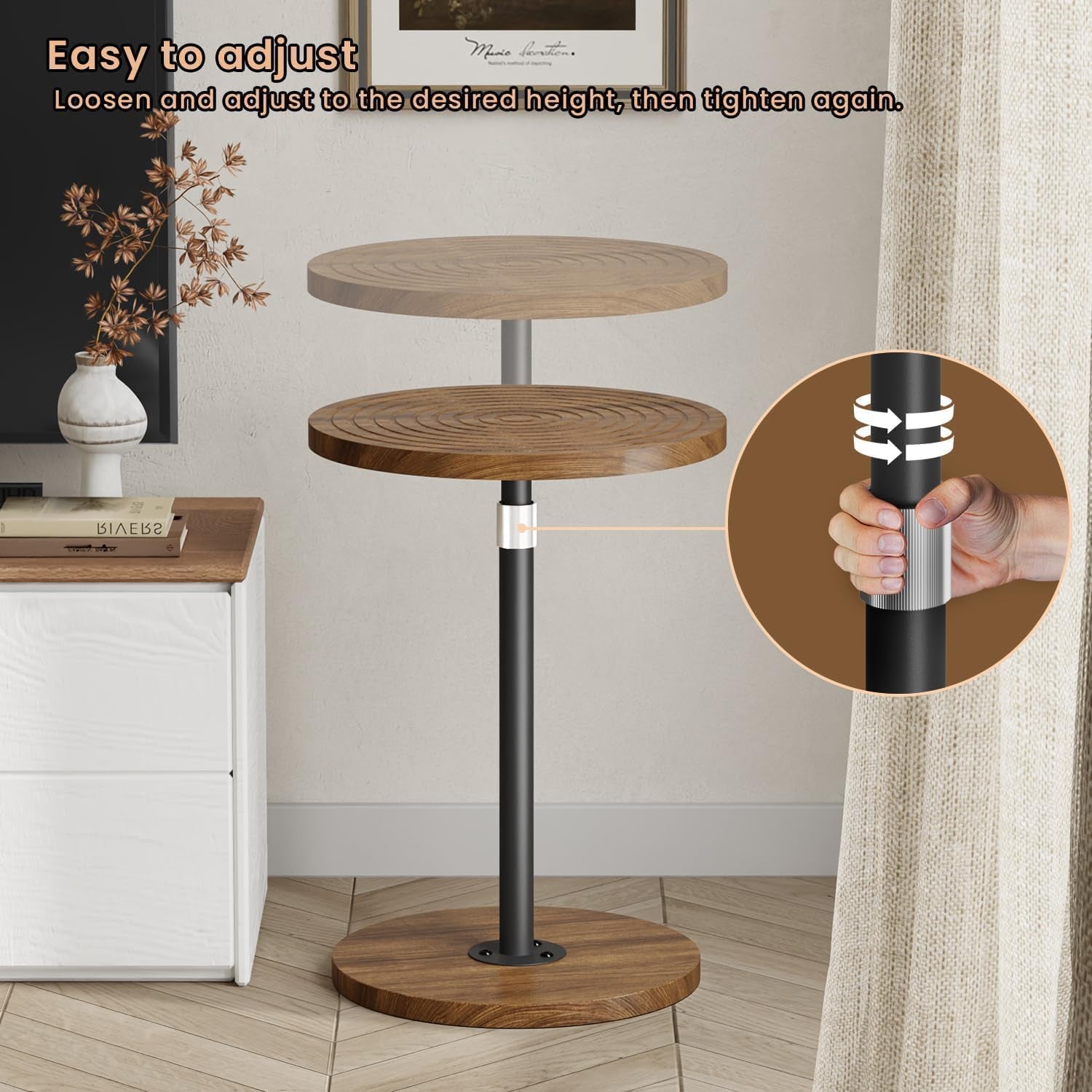 Round Side Table, Adjustable-Height Small Drink Table, Pedestal Martini Stand, Weighted Base Cocktail Table Accent Nightstand for Living Room, Bedroom, Bathroom, Office, Walnut