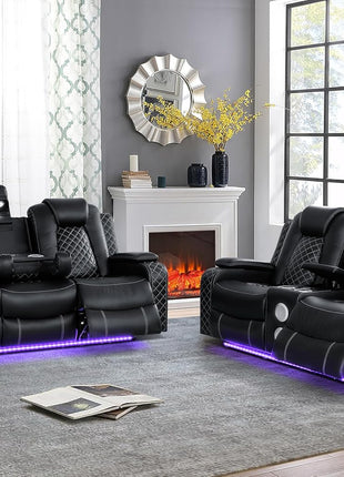 Leather Power Recliner Sofa Set - 3-Piece Home Theater Seating with Loveseat, Chair, Coffee Table, Reading Light, and Cup Holders for Living Room
