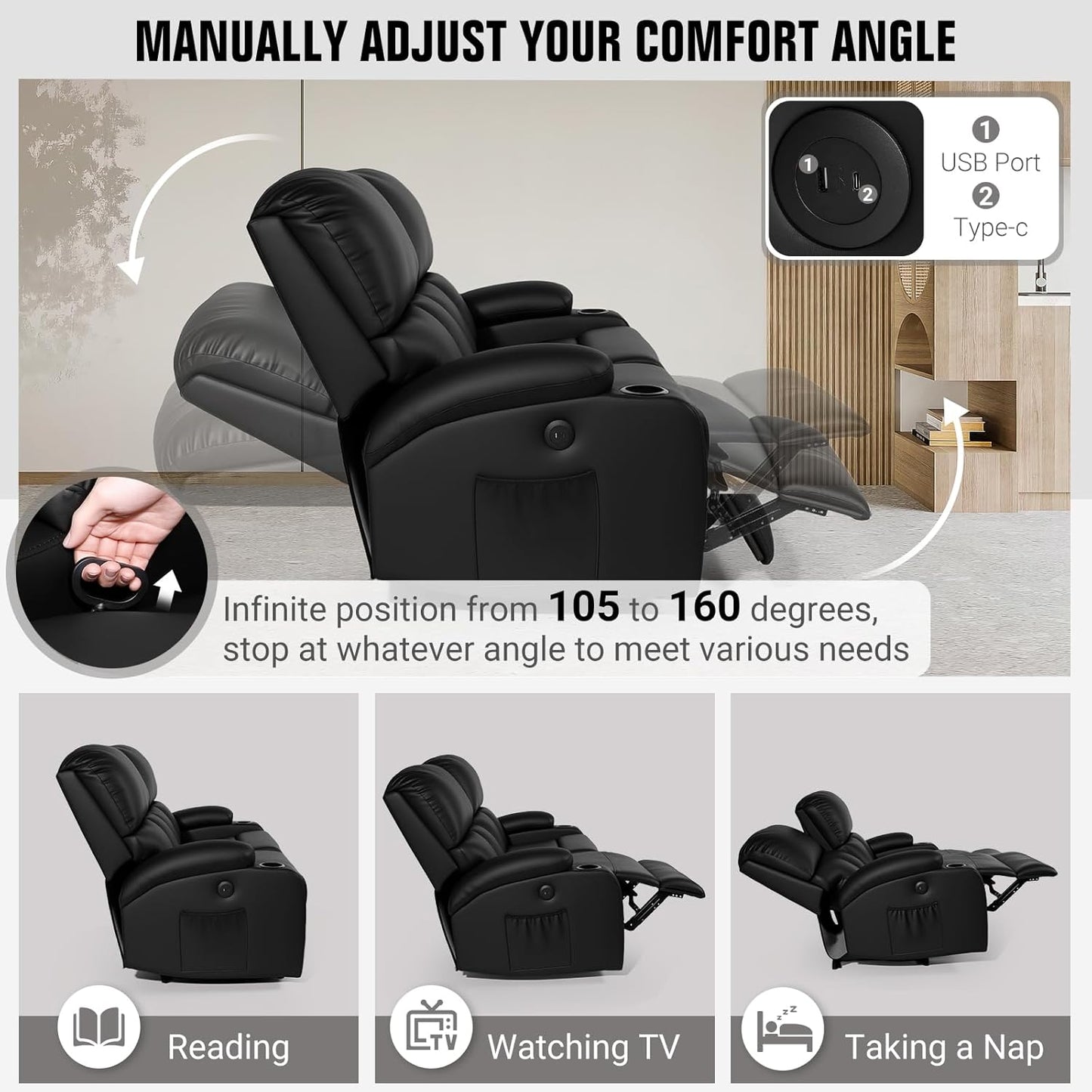 Home Theater Seating,Rv Recliner Sofa with Massage and Heat,Manual RV Recliner Loveseat with Usb/Cup Holders and Side Pocket for Living Room,3 Seater Black