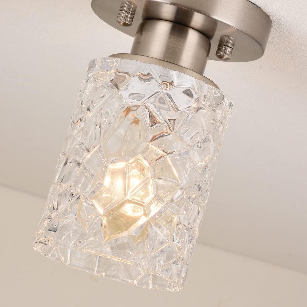 2 Pack Semi Flush Mount Ceiling Light, Clear Geometric Glass Shade, Brushed Nickel Farmhouse Light Fixture for Hallway, Laundry Room, Kitchen,Bathroom and Foyer AL9082-S2