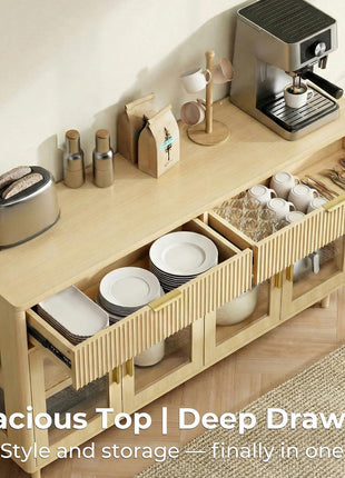 59-Inch Modern Sideboard Buffet Cabinet with Drawers, Adjustable Shelves, and Tempered Glass Doors - Oak Wood Coffee Bar for Kitchen and Living Room