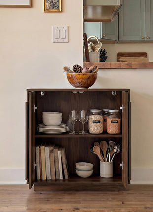 Contemporary Walnut Buffet Cabinet with Storage, Round Fluted Door Sideboard with Shelves, Modular Coffee Bar, Deep Beveled Design for Dining Room, Kitchen, Living Room, and Entryway, 32