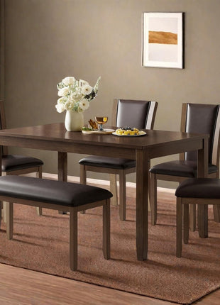 Farmhouse 6-Piece Dining Set with Rectangular Table, 4 Upholstered Chairs, and Bench in Warm Walnut Finish