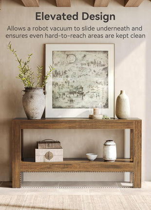 63-Inch Farmhouse-Style Wooden Console Table with Two-Tier Shelves for Living Room, Hallway, and Foyer in Brown Finish