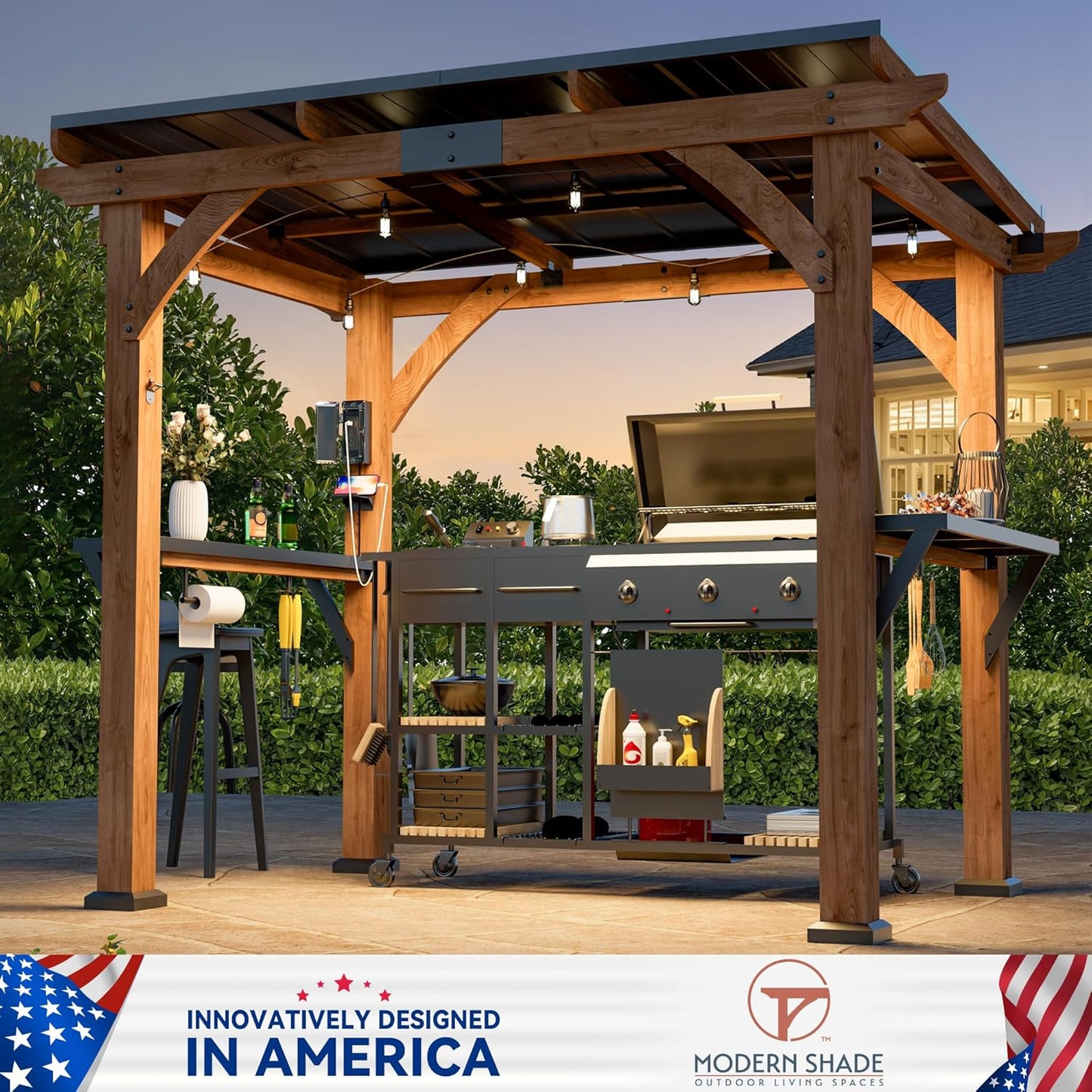 Modern Shade Grill Gazebo 6' X 8', Cedar Wood Gazebo with Shelves and Paper Towel Holder, Patio Pavilion with Galvanized Steel Roof, USB and USB-C Charging Ports for Patio Backyard