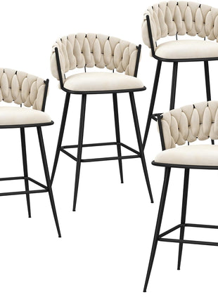 Set of 4 Contemporary 30-Inch Upholstered Bar Stools with Woven Backrest and Footrest for Kitchen and Dining Areas (Ivy)