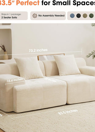 83.5" Boneless Loveseat Sofa - Cloud Comfy Modular Couch with 30" Deep Seat for Living Spaces - Easy Setup (Beige) | Includes 11.8" Thick Backrest, 2 Pillows, Durable Fabric, 15.4" Wide Armrests, and Non-Slip Base