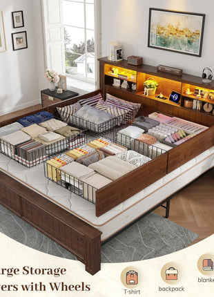King Size Bed Frame with Four Storage Drawers, Integrated Headboard with LED Lighting and Charging Ports, No Box Spring Required, Noise-Free Wooden Construction, Brown Finish