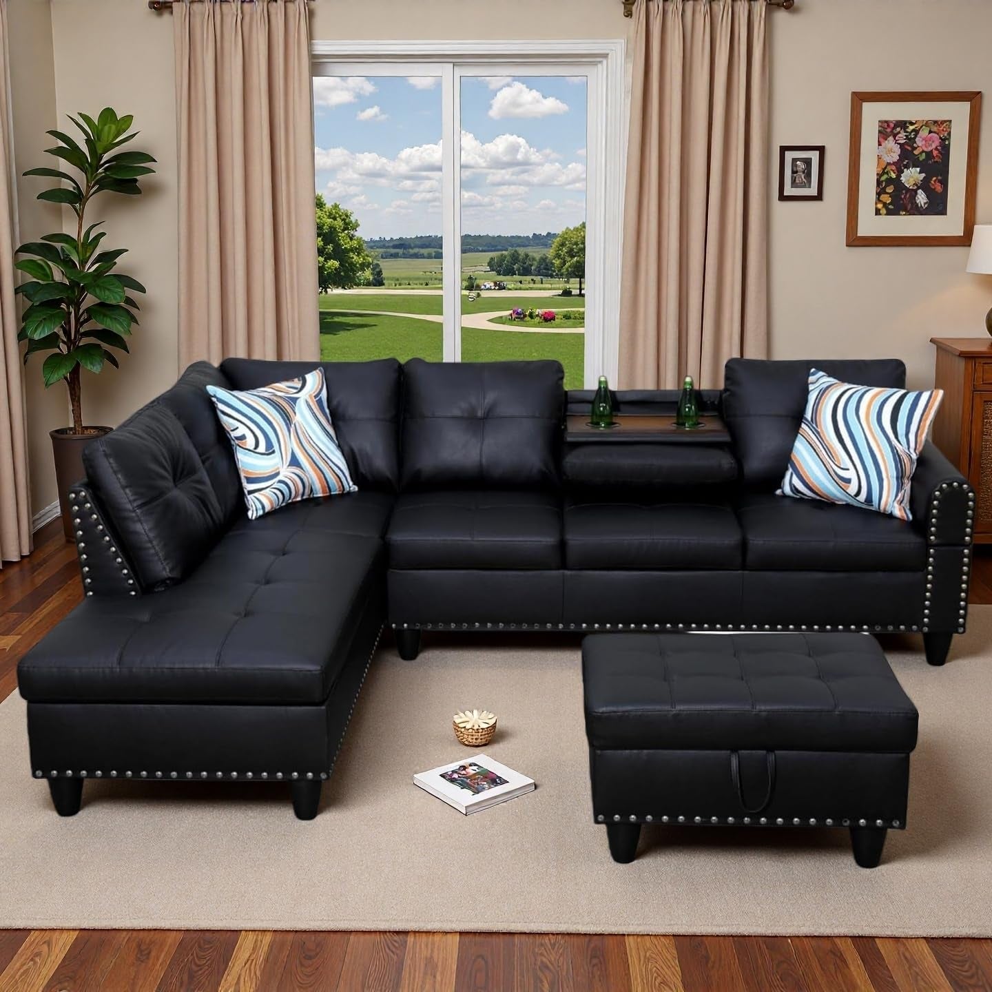 97.5" L Shaped Couch Set, Modular Sectional Couches for Living Room with Storage Ottoman, 4 Seat Home Sofa Living Room Furniture Sets with Chaise for Apartment Office (Leather, Black)