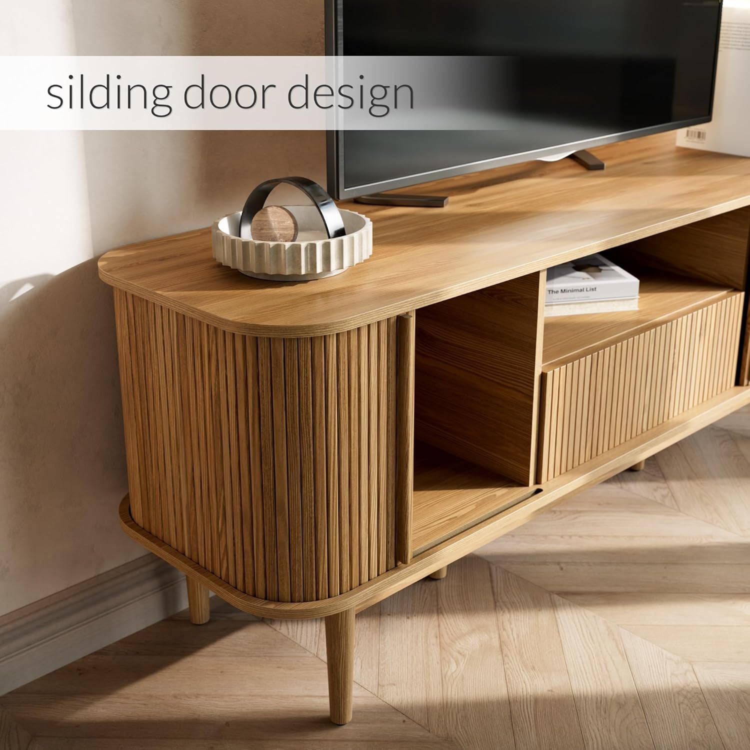 Modern TV Stand for 45/55/70 Inch TV, Entertainment Center with Sliding Doors and Storage, Wood TV Stand for Bedroom, Living Room, Natural