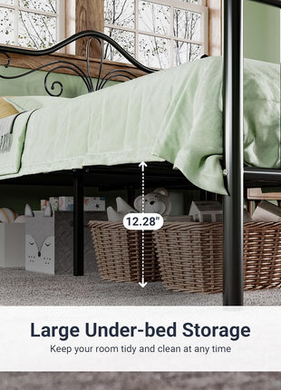 Full Size Metal Bed Frame with Butterfly Pattern Headboard and Footboard, No Box Spring Required, Easy Assembly, Black