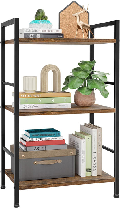 3-Tier Book Shelf - Wood & Metal Bookshelf with Handle & Adjustable Feet, Lightweight Bookcase for Living Room, Bedroom, Kitchen, Office or Dorm (16.5"×11.0"×28.1")