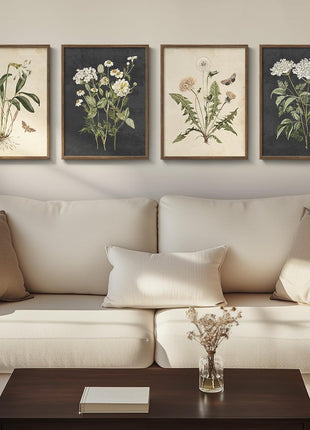Framed Botanical Wall Art Set - 4-Piece Rustic Floral Canvas Prints for Home Decor in Various Living Spaces