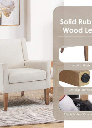 Contemporary Upholstered Wingback Accent Chair with Lounge Seat and Wooden Legs for Office, Bedroom, and Reading Spaces in Beige