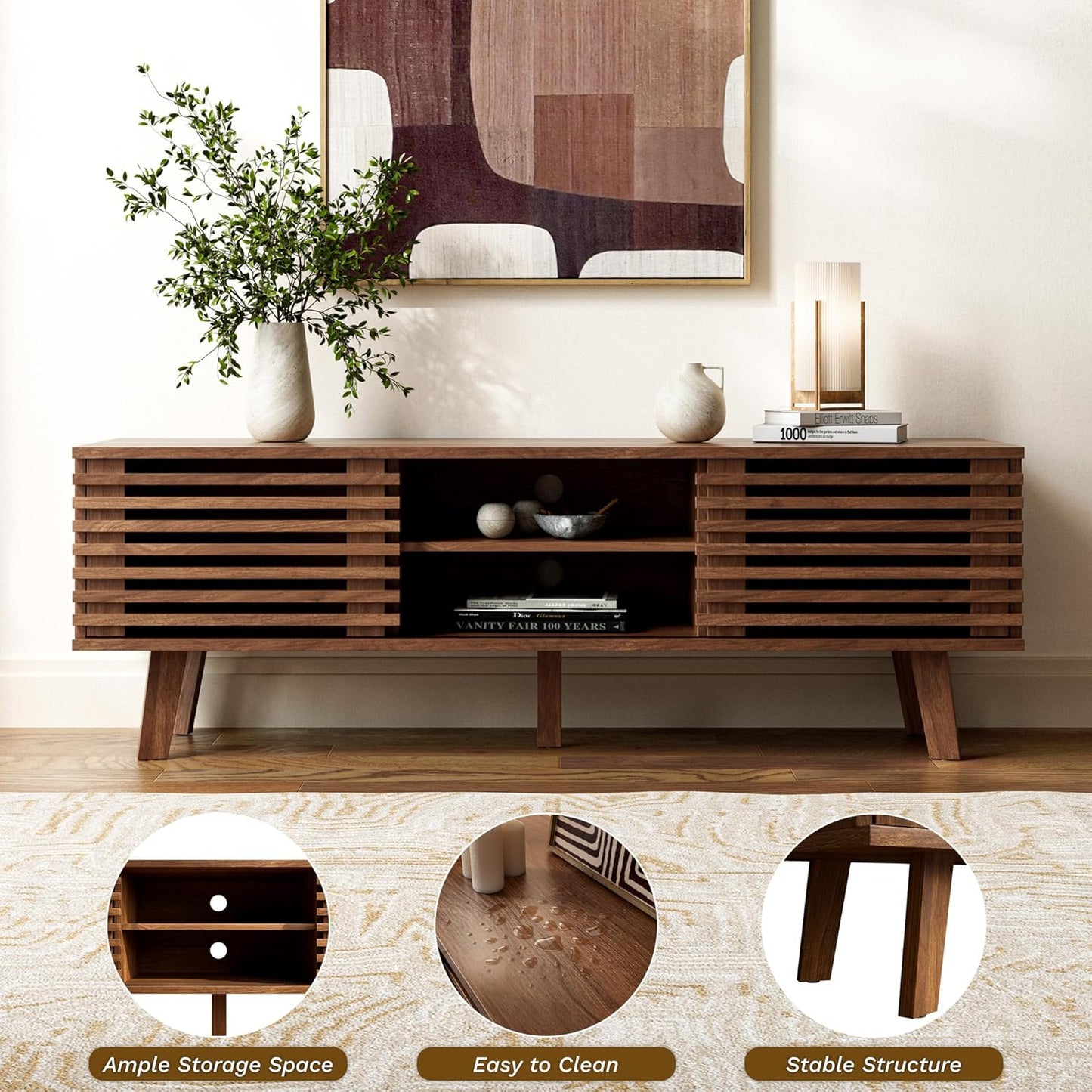 Mid Century Modern TV Stand for 50/55/60 Inch TV, Entertainment Center with Storage & Sliding Door, Wood Media Console, TV Stand for Living Room, Bedroom, Walnut