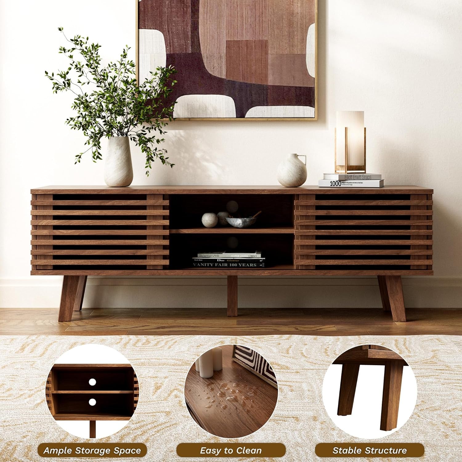 Mid Century Modern TV Stand for 50/55/60 Inch TV, Entertainment Center with Storage & Sliding Door, Wood Media Console, TV Stand for Living Room, Bedroom, Walnut