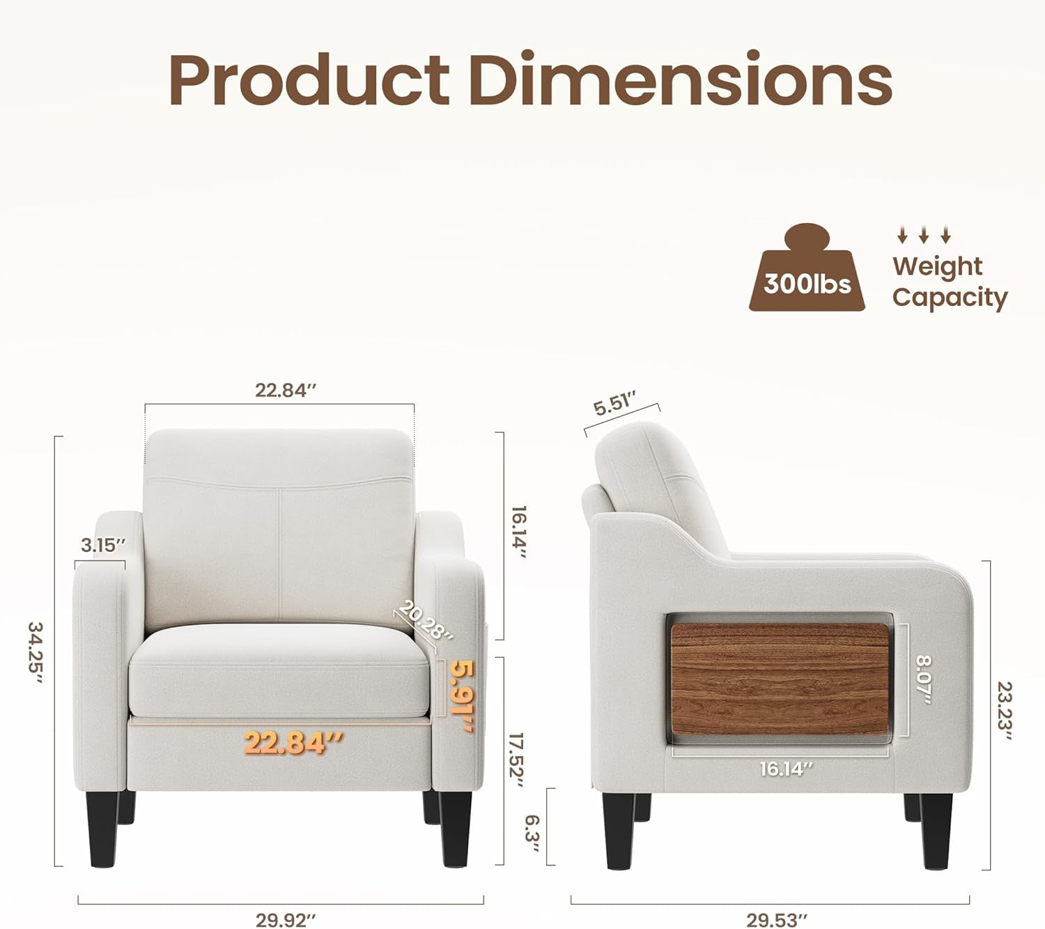 Accent Chair for Living Room Modern Linen Upholstered Armchair Side Wooden Fabric Sofa Chair with Foldable Table 2 Side Pockets Comfy Reading Chair for Bedroom