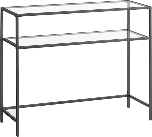 39.4 Inch Console Sofa Table, Modern Entryway Table, Tempered Glass Table, Metal Frame, 2 Shelves, Adjustable Feet, for Living Room, Hallway, Black ULGT025B01