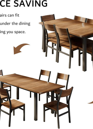 7-Piece Extendable Dining Table Set with 6 Chairs, 63" Solid Metal Frame and MDF Top, Perfect for Compact Spaces, Easy Assembly, Walnut Finish
