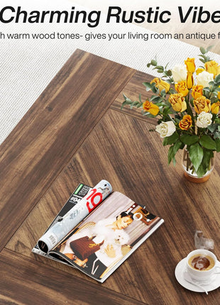 Contemporary Square Coffee Table with Wooden Center, 31.5" Rustic Brown and Black Accent Table for Living Room
