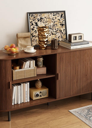 63-Inch Contemporary Sideboard Buffet Cabinet with Sliding Door and Adjustable Shelf, Elegant Storage Solution for Kitchen and Entryway in Walnut Finish