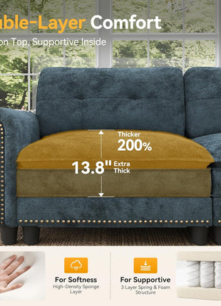 73.2" Oversized Modular Cloud Loveseat with Deep Seats, Mid-Century Modern Design, Nailhead Trim, and Included Throw Pillows in Chenille Cyan for Living Room
