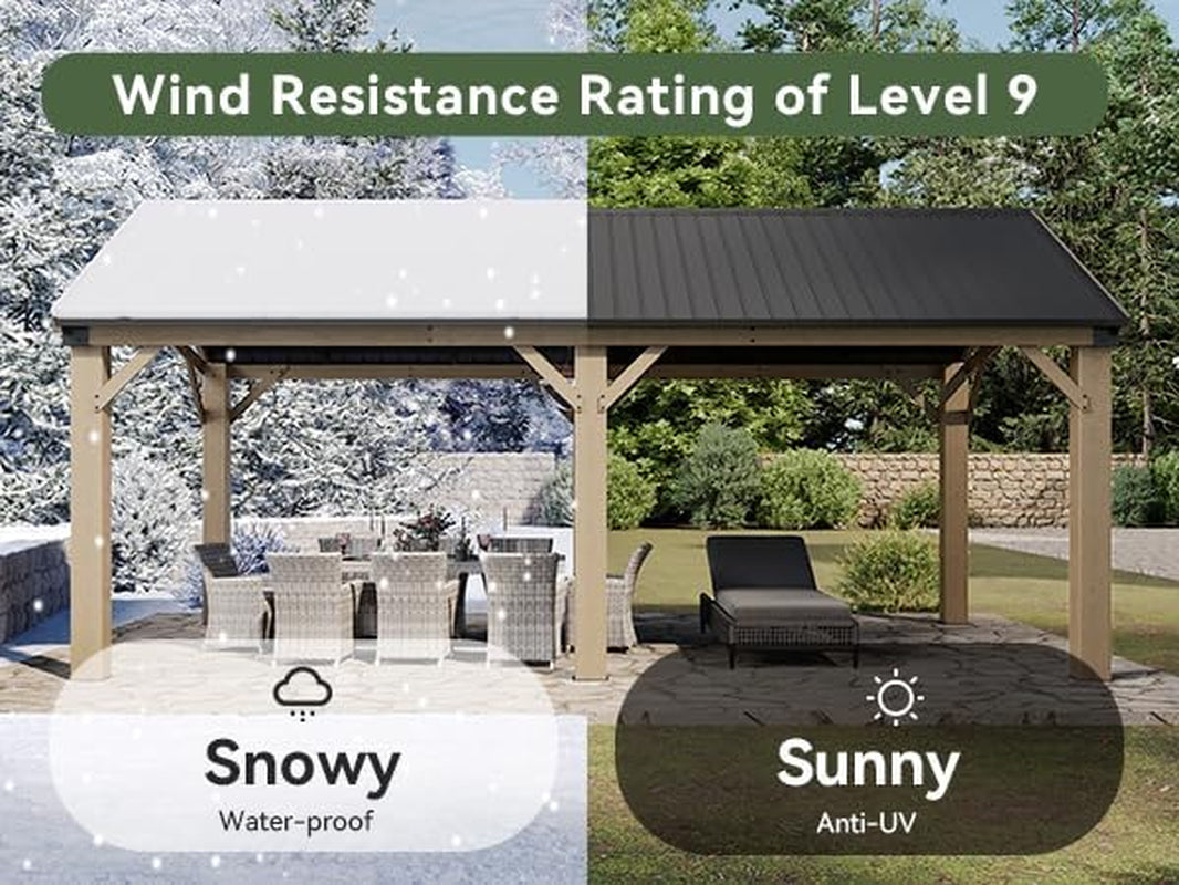 12' X 20' Outdoor Wood Gazebo, Hardtop Gazebo Permanent Wooden Pavilion with Galvanized Steel Gable Roof, for Patio, Garden, Deck, Cedar Wood