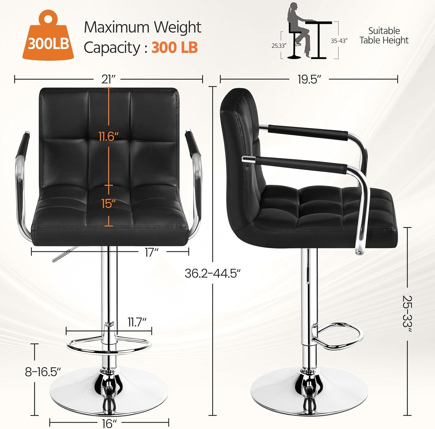 Bar Stools Set of 2, PU Leather Height Adjustable Swivel Barstools, Hydraulic Kitchen Counter Height Bar Chairs with Armrest and Back for Kitchen, Dining Room, Black