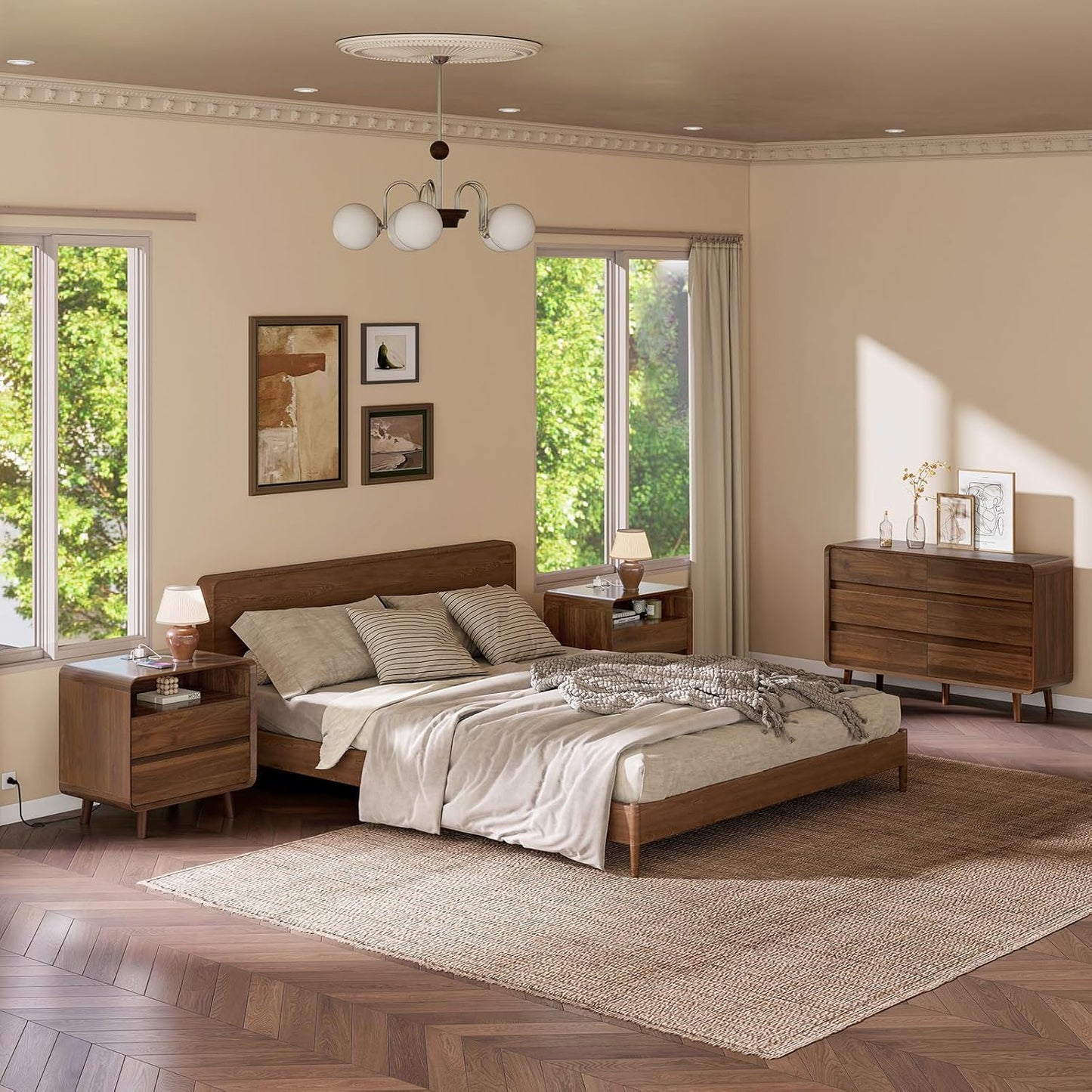 Dresser and Nightstand Sets 3 Piece, 6 Drawer Dresser for Bedroom and Nightstands Set of 2, Wood Chest of Drawers Night Stand Mid Century Modern Bedroom Furniture Set, Walnut