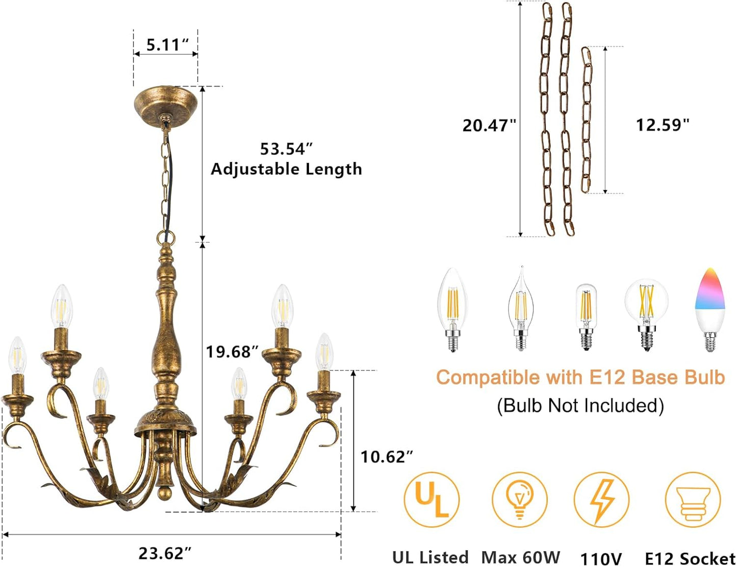 6-Light Farmhouse Chandelier, 23.62'' Vintage Brass Gold Chandeliers for Dining Room, Adjustable Rustic Metal Hanging Pendant Light Fixture for Kitchen Island Entryway Foyer Bedroom Hallway