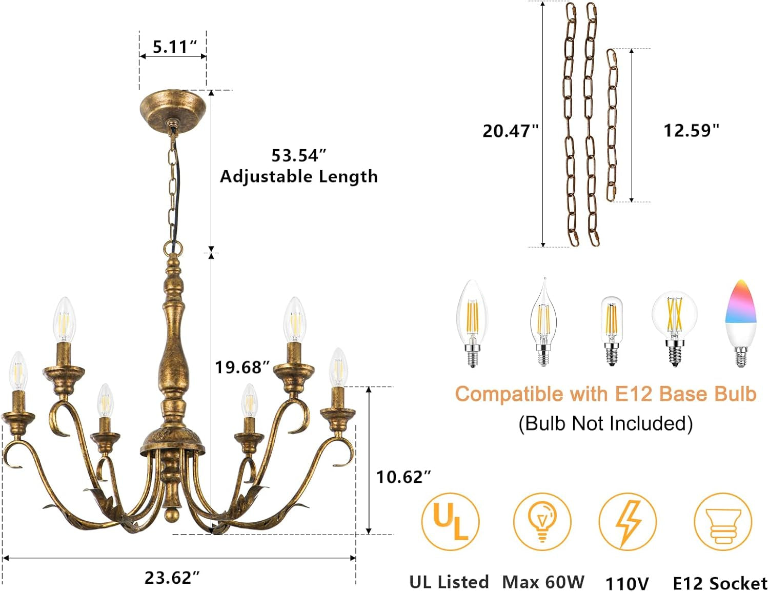 6-Light Farmhouse Chandelier, 23.62'' Vintage Brass Gold Chandeliers for Dining Room, Adjustable Rustic Metal Hanging Pendant Light Fixture for Kitchen Island Entryway Foyer Bedroom Hallway