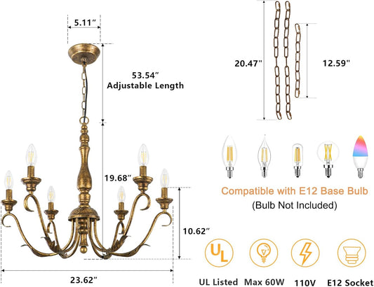 6-Light Farmhouse Chandelier, 23.62'' Vintage Brass Gold Chandeliers for Dining Room, Adjustable Rustic Metal Hanging Pendant Light Fixture for Kitchen Island Entryway Foyer Bedroom Hallway