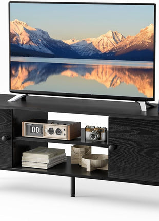 Contemporary Mid-Century TV Stand for 55-60 Inch Televisions, Entertainment Center with Storage, Media Console Table Featuring 2 Cabinets and Soft Close Hinges, Wooden Design for Living Room and Office, Black Finish