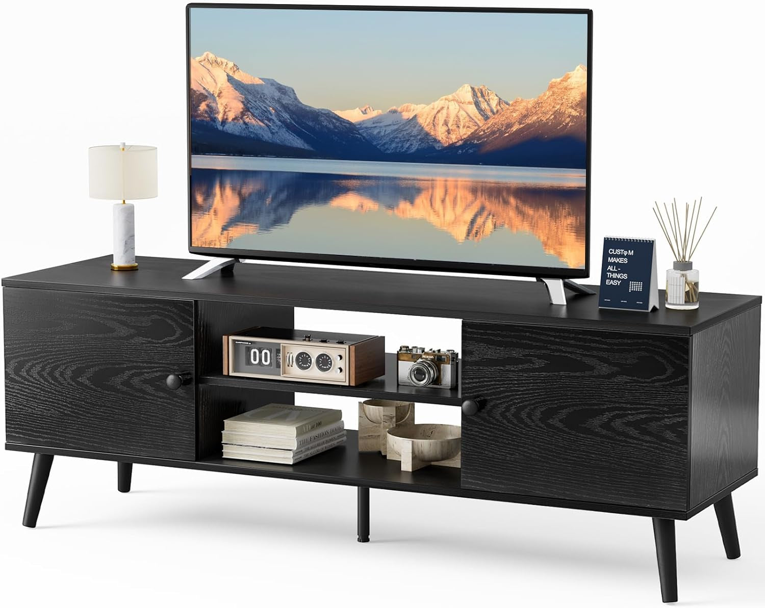 TV Stand for 55 60 Inch TV, Modern Mid Century Entertainment Center with Storage, Media Console Table 2 Cabinet, Soft Hinge, Handle Door, Wooden Living Room, Office Furniture, Black