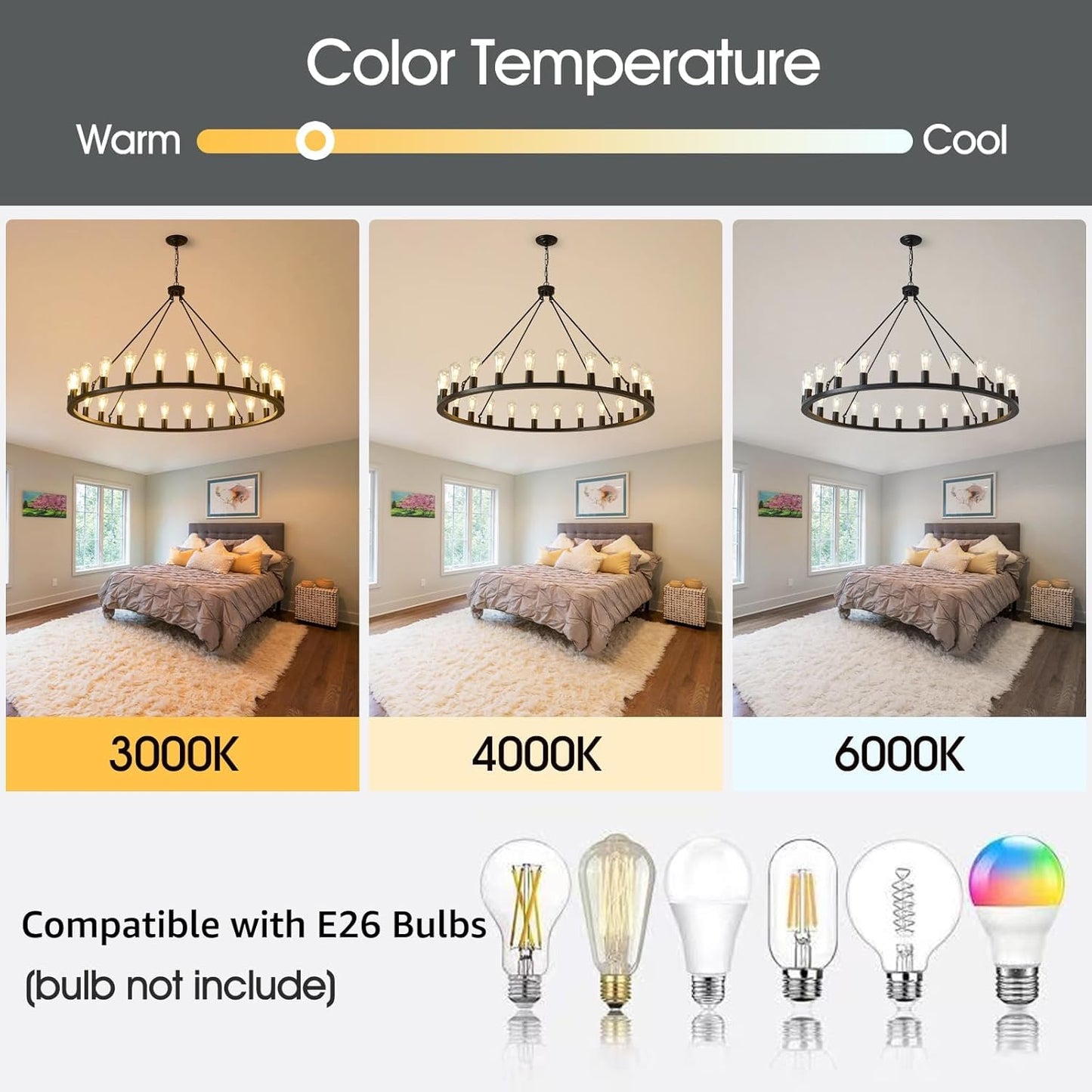 48-Inch Wagon Wheel Chandelier 24-Light, Extra Large Black Chandeliers, round Rustic Farmhouse Outdoor Chandelier for High Ceilings, Dining Room, Living Room, Foyer, E26