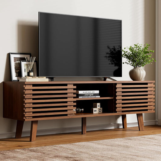 Mid Century Modern TV Stand for 50/55/60 Inch TV, Entertainment Center with Storage & Sliding Door, Wood Media Console, TV Stand for Living Room, Bedroom, Walnut