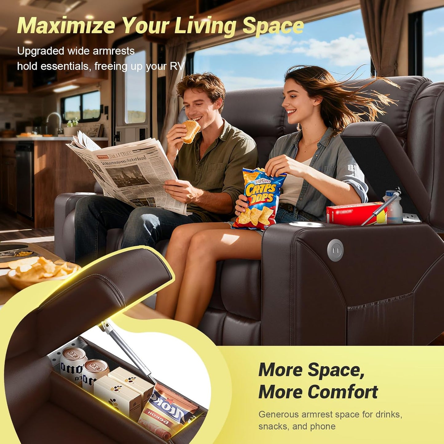 RV Loveseat Recliner Sofa, Reclining Loveseat Home Theater Seating with USB Ports, Cup Holders, Insert Pockets, Wall Hugger RV Recliners for Movie Room, Recline Movie Seats Gaming Sofa, Brown