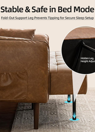 Luxurious 85” Futon Sofa Bed with Storage and Adjustable Armrests - Mid Century Modern Faux Leather Loveseat for Living Room, Bedroom, and Apartment in Elegant Brown Design