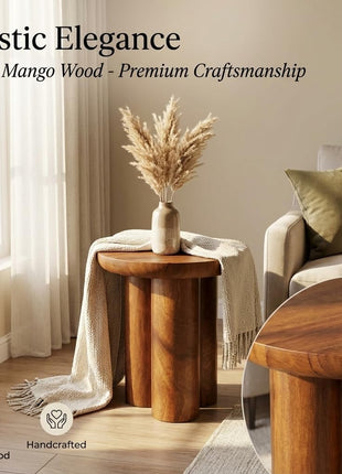 Gaia Round End Table - Solid Mango Wood for Rustic Elegance in Living Room and Farmhouse Décor - Versatile Side Table and Nightstand in Walnut Finish