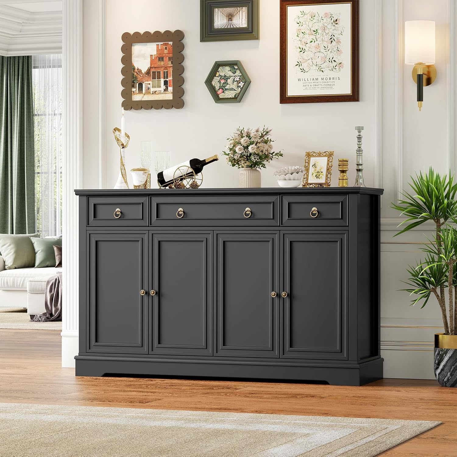 Buffet Cabinet with Storage, 52.7" Large Sideboard Buffet Table, Black Kitchen Cabinet with 3 Drawers and 4 Doors, Wood Coffee Bar for Kitchen Dining Room, Black