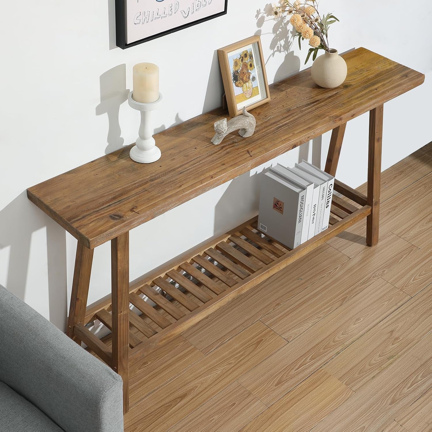 Reclaimed Solid Wood Console Table, 59" Long Farmhouse Entryway Tables, Rectangular Couch Table behind Sofa, 2 Tiers Accent Tables for Hallway, Entrance, Foyer, Living Room