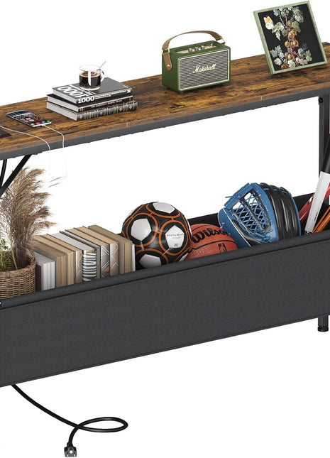 47.2" Modern Industrial Narrow Console Table with Storage and Power Outlets, Rustic Brown Finish, Ideal for Entryway, Living Room, Bedroom, and Office, Includes Anti-Tip Kit