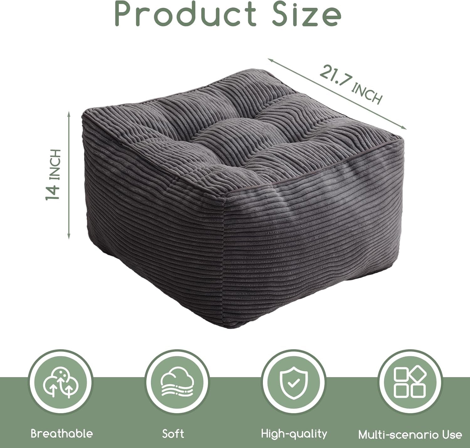 Square Stuffed Pouf Ottoman, Corduroy Poufs with Foam Chunk Filling, Furry and Fluffy Pouf Foot Stool Storage Ottoman, 21 X 21 Floor Poufs Foot Rest for Living Room, Dark Grey
