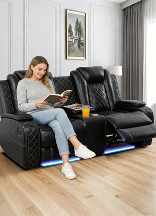 Elevate Your Living Room with a Contemporary Power Recliner Sofa Set - Featuring Breathable Leather, LED Lighting, USB Ports, Cup Holders, and Convenient Storage for an Exceptional Home Theater Experience.