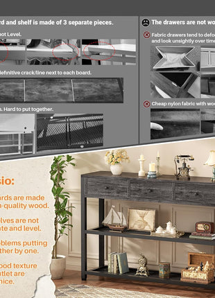47-Inch Console Table with Outlets and USB Ports, 3 Drawers and Storage Shelves for Living Room, Hallway, Foyer, and Kitchen in Grey Finish