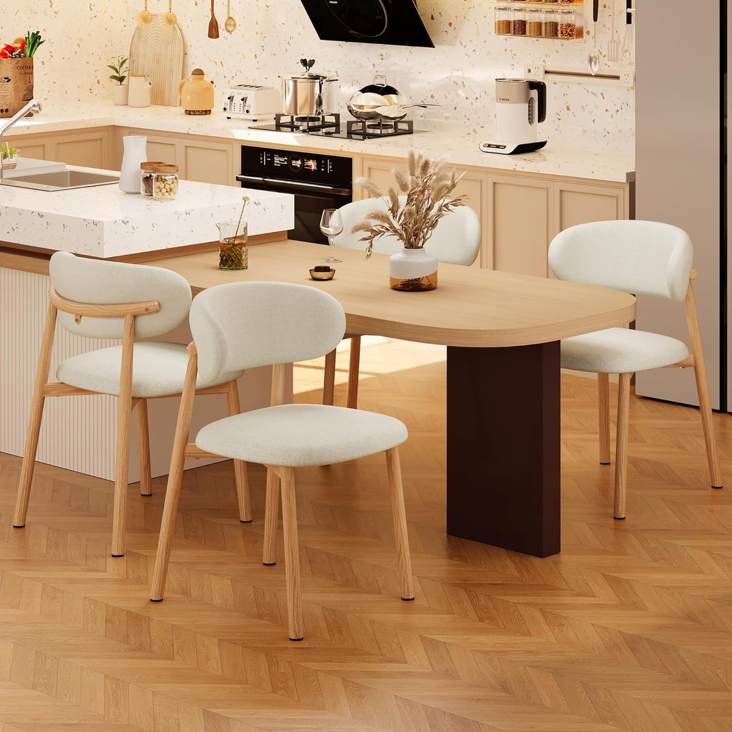 Kitchen Dining Chairs Set of 2 Modern Soft Linen Farmhouse Dining Room Chair with Metal Legs, Beige/Original