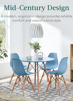 5-Piece Mid-Century Modern Dining Set Featuring Compact Table and Four Chairs in Dark Green and Walnut Finish with Plastic Seats, Wooden Legs, and Metal Frame